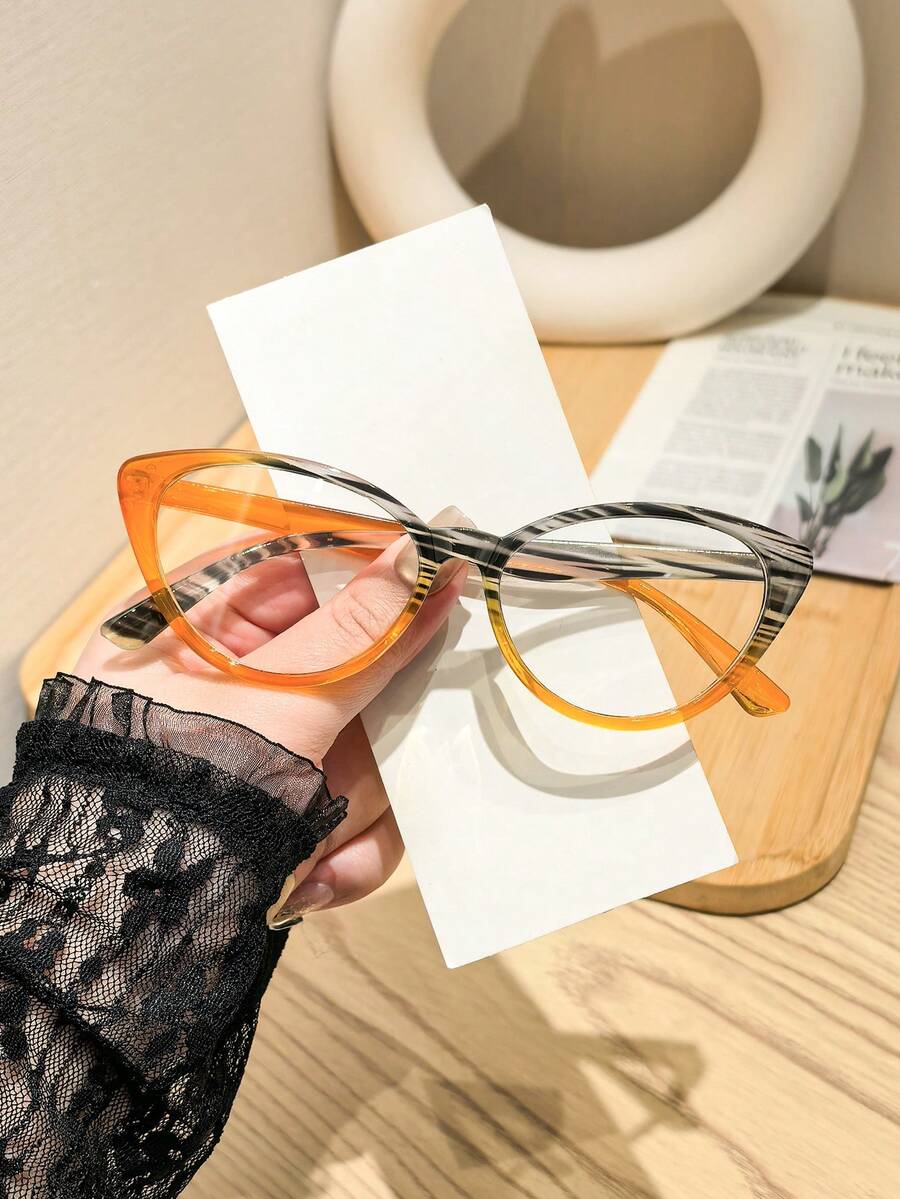 1 PC Women's Retro Cat Eye Glasses Frame ColorBlock And Black Lightweight Frame Transparent And Clear Lenses Eyewear For Office Study With Glasses Box
