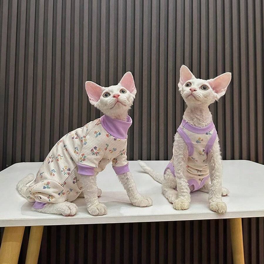 Chaleco floral ligero para gatos, adecuado para gatos Sphynx, ropa de mascota delgada para primavera/otoño, ropa de casa anti-pelos - Albaricoque - Ver 1