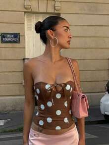 Sexy Polka Dot Fitted Hollow Out Lace-Up Camisole Summer - Blue-brown - View 4