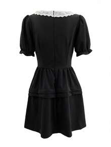 法式优雅小众方领蝴蝶结迷你连衣裙，女士夏季泡泡袖小黑裙 - 黑色 - 查看 7