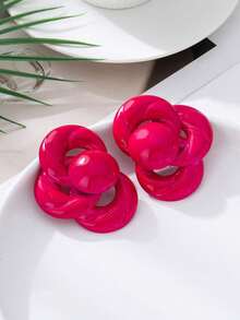 1 par de pendientes con colgante de patrón geométrico grande de textura metálica exagerada en color dorado, adecuados para el uso diario de las mujeres - Rosa Fucsia - Ver 6
