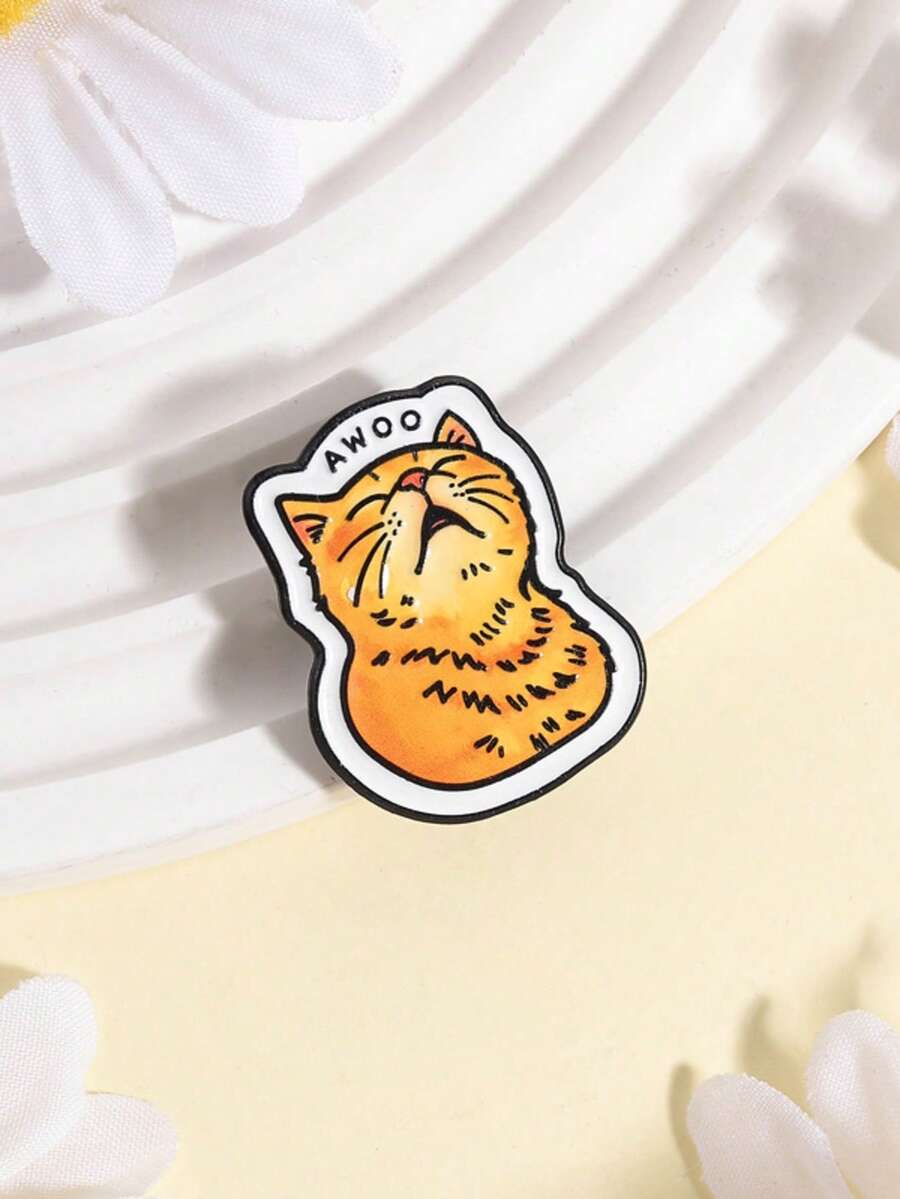 1pc Cute Orange Tabby Cat AWOO Cartoon Enamel Pin Funny Playful Cat Brooches Backpack Lapel Badge Animal Jewelry Gifts For Friends