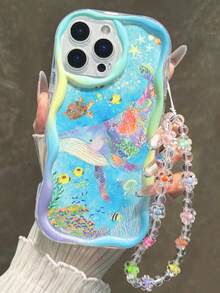 海洋海豚图案印花平纹奶油色波浪边手链式手机壳，简约防震加厚保护壳，适用于 17/17 Pro/17 Pro Max/16 XR/7/8 15 Pro Max/12 Pro Max/13 Pro Max/14 Pro Max 13 14 11 12P 14 P11软壳 P12 防摔 XS.XR /78P.78GES2，适用于A134G A22 A21S A514G A52 S22 ULTRA A335G，A34 A35，适用于Redmi 10 Note 114G 11 Lite A53 TPU A14 /A23/S23 ULTRA S24 A14 A15 S23 A73 A55 A54手机壳 - 彩色 - 查看 2