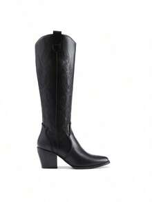 Knee High Boots Women, Pull On Zipper Chunky Heel Pointed Toe Party Embroidered Western Cowgirl Cowboy Boots - 黑色 - 查看 6