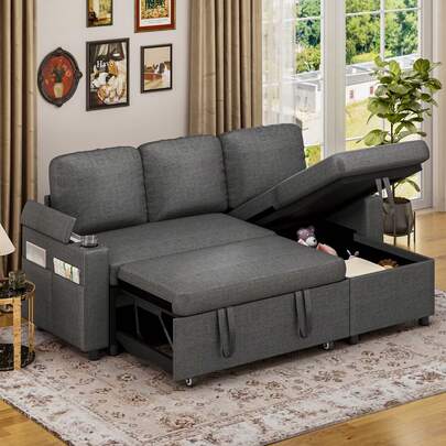 3-Seater Corner Sofa Bed, L-Shaped Sleeper Sectional Couch Bed, 3-In-1 Fabric Convertible Pull Out Sofa Bed With Adjustable Backrest, Storage, Cup Holder For Living Room, Linen Fabric, Dark Grey