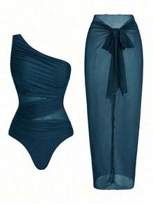 Swim Oasis Traje de baño de una pieza con panel de malla fruncida de unicolor y falda pareo - Agua verde azul 2 - Ver 12