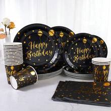 Bộ đồ dùng trang trí tiệc sinh nhật màu đen và vàng, bao gồm đĩa giấy dùng một lần 7/9 inch, cốc và khăn ăn, thích hợp cho tiệc sinh nhật, tiệc lễ hội, dã ngoại, lễ kỷ niệm, tiệc cưới, tiệc trà, lễ tốt nghiệp. - Nhiều màu - Xem 1