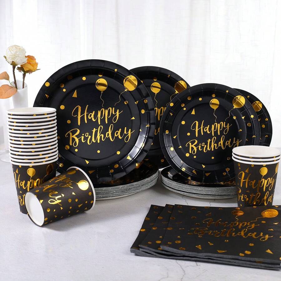 Bộ đồ dùng trang trí tiệc sinh nhật màu đen và vàng, bao gồm đĩa giấy dùng một lần 7/9 inch, cốc và khăn ăn, thích hợp cho tiệc sinh nhật, tiệc lễ hội, dã ngoại, lễ kỷ niệm, tiệc cưới, tiệc trà, lễ tốt nghiệp. - Nhiều màu - Xem 1