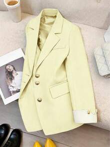 Blazer casual con cuello de solapa y botones para mujer, primavera - Amarillo claro - Ver 5