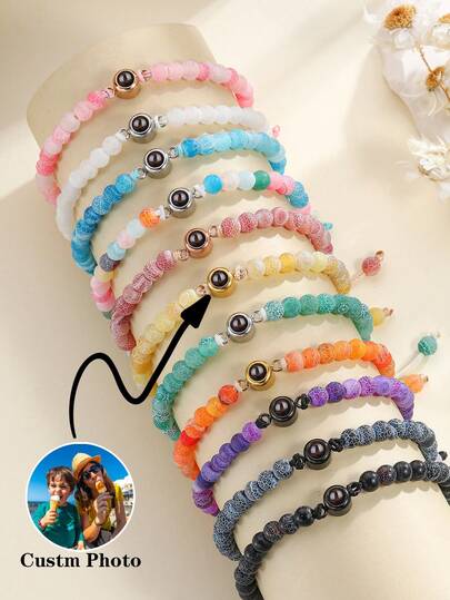 1 pieza Pulsera personalizada de proyección de foto de piedra natural, pulsera de foto con cuentas de moda, pulsera personalizada de proyección de foto, pulsera de cuentas de ágata natural de colores, pulsera de proyección de foto unisex personalizable, regalo de cumpleaños para novio, pulsera de pareja personalizable con foto, pulsera de piedra natural ajustable personalizable con foto, joyería conmemorativa con foto, pulsera de piedra natural de colores de moda con proyección de foto, regalo personalizado para el Día del Padre, regalo personalizado para familiares y amigos, regalo de foto de Navidad