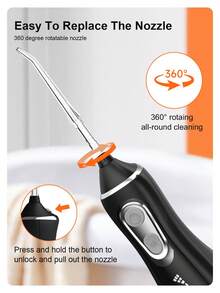 Irrigador dental portátil, modo de limpieza DIY, recargable por USB, impermeable, 4 boquillas de repuesto - Negro - Ver 4