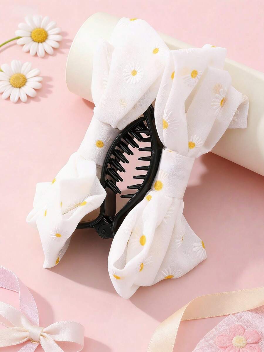 1 chiếc kẹp tóc hình hoa cúc trắng dễ thương, hai mặt có nơ, thích hợp để sử dụng hàng ngày và phối cùng phụ kiện khi đi nghỉ mát vào mùa xuân/hè. - trắng - Xem 1