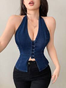 Women Denim Tops - Blue - View 2