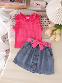 Bộ 2 món cho bé gái gồm áo ba lỗ và chân váy denim dễ thương, nhẹ nhàng cho mùa hè. - Màu Hồng Tươi - Xem 2