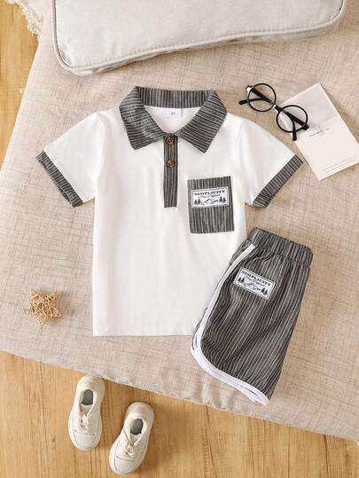 BrownBark Set de 2 piezas de camisa polo y pantalones cortos a rayas para niños, camisa de cuello a rayas + pantalones cortos, conjunto deportivo casual de vuelta al colegio para niños, suave y cómodo, transpirable para el verano