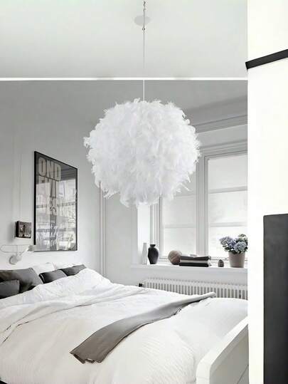 Handmade Boho Feather Drum Lamp Shade - High Quality Natural Feathers, Vintage Metal Decor, No Power Source Needed, Modern Minimalist Design, Suitable For Bedroom, Wedding And Home Decor (Gray, Pink, Yellow, White) - Art Lamp Shade, Bedroom Lighting | Romantic Decor | Unique Lighting, Bedroom Decor