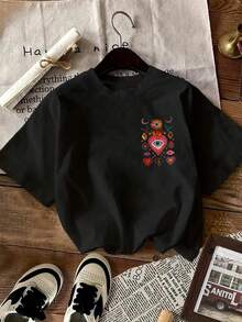 T-shirt décontracté pour femmes grandes tailles, T-shirt à motif cœur, convient comme cadeau pour les amis et la famille. Noir d'été - Noir - Voir 3