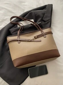 多功能黑色PU皮革手提包，配金色金属扣，适合办公室、学校、工作、商务、通勤、户外活动、旅行和郊游。 - 卡其色 - 查看 4