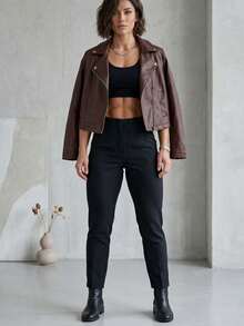 Women's Luxury Faux Leather Biker Jacket With Zipper - 鏽棕色 - 查看 4