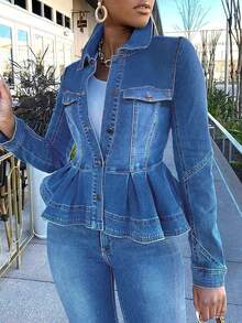 Damen Denim Jacke in Große Größen mit Einzelreihe, Falten, vielseitig für den täglichen Gebrauch - Blau - Übersicht 2