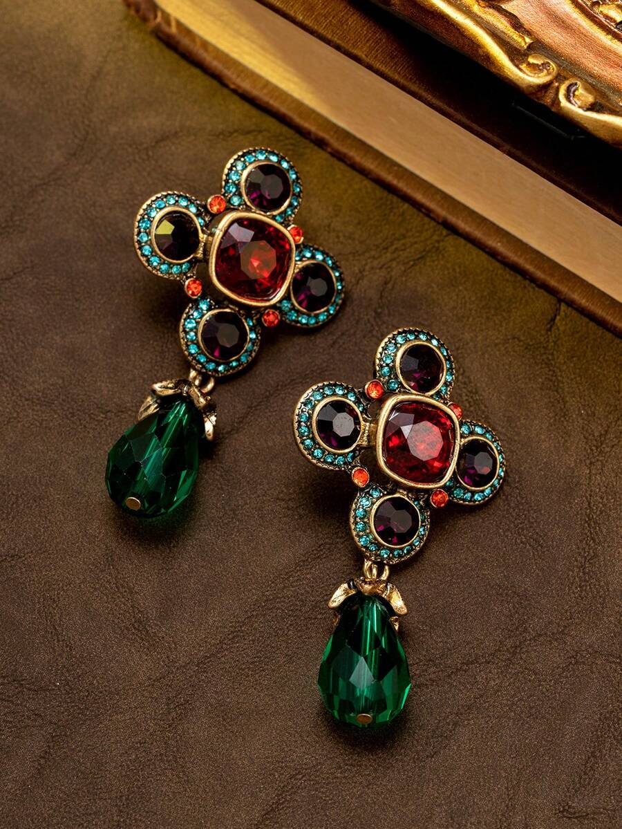 Vintage Victorian Style Cross Flower Gemstone Luxury Earrings, Antique Gold Tone Multi-Color Crystal Teardrop Earrings, Suitable For Formal Occasions Like Gala, Wedding, Ball, Vintage Theme Party, Essential Accessory To Create An Elegant Medieval Ambiance - Multicolor - View 1