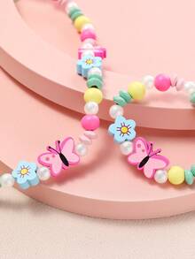 2pcs/Set Butterfly, Flower, Unicorn, Rainbow Wooden Pendant Necklace And Bracelet Jewelry Set, Suitable For Little Girls And Princesses, Daily Wear, Children's Party And Birthday Gift - Multicolor - View 6