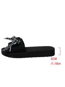 Sandalias de plataforma con un tirante, con decoración de lunares en forma de corazón y lazo, para mujer, de color negro, con suela gruesa y antideslizante, para uso en verano, vacaciones y uso diario en exteriores - Negro - Ver 8