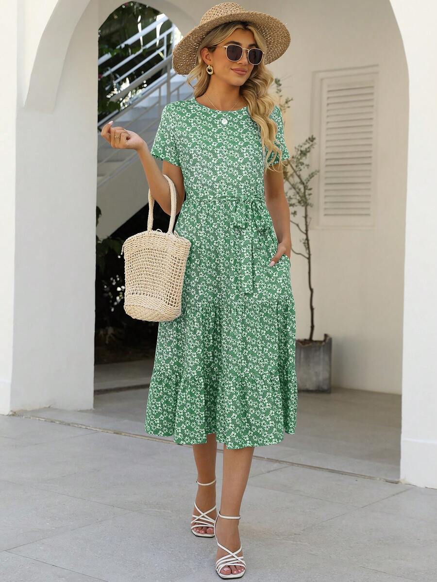 Women's Short Sleeve Round Neck Ruffle Waist Pocket A-Line Floral Midi Dress, Summer Vacation Elegant