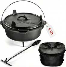 6Qt Cast Iron Camping Dutch Oven With Lid Lifter And Storage Bag, Pre-Seasoned Outdoor Dutch Oven For Campfire Cooking, Stews And Baking, Durable Cast Iron Pot For Camping And Hiking - View 1