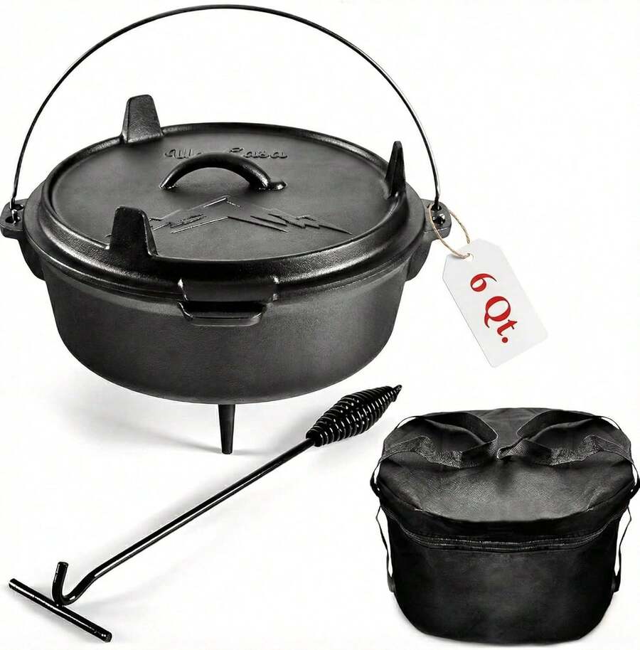6Qt Cast Iron Camping Dutch Oven With Lid Lifter And Storage Bag, Pre-Seasoned Outdoor Dutch Oven For Campfire Cooking, Stews And Baking, Durable Cast Iron Pot For Camping And Hiking - View 1
