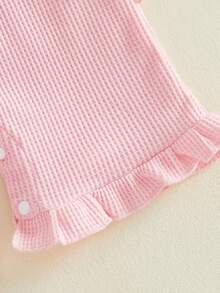 Newborn Baby Girl Outfit Short Sleeve Ruffled Romper Headband Summer Waffle Set - Pink - View 6