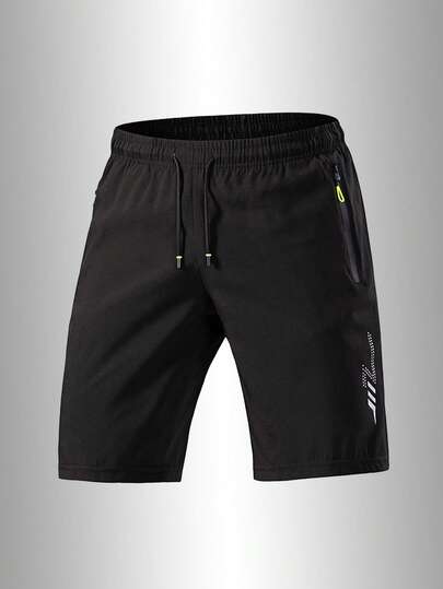 Pantalones cortos sueltos, deportivos y casuales para hombres, de secado rápido, con diseño de tira reflectante, bolsillo, cremallera y cordón en la cintura, adecuados para fitness, running y actividades al aire libre, color negro, para verano
