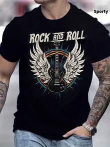T-shirt en coton pur unisexe - T-shirt graphique de guitare rock pour hommes - Top col bateau sportif avec un peu d'élasticité - Streetwear décontracté à thème estival - Mettant en valeur les designs de groupes de musique et de joueurs de guitare - Coton doux, port quotidien décontracté, tissu léger et respirant, à la mode mignonne, parfait pour les vacances - Noir - Voir 5