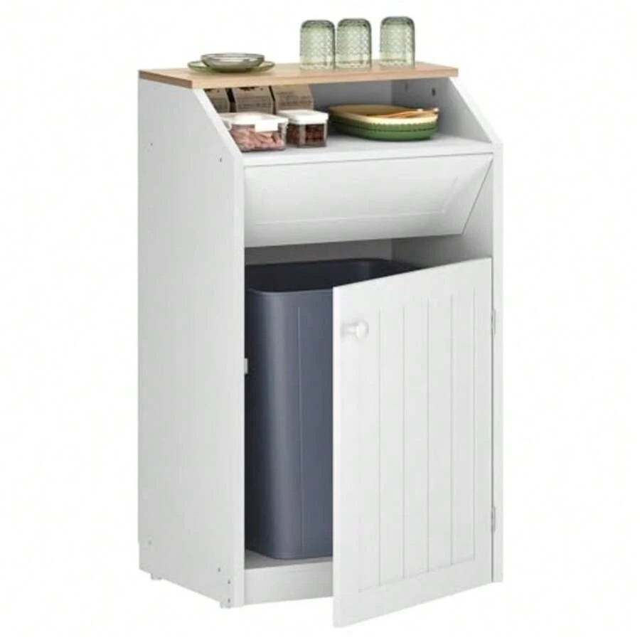 Trash Cabinet Freestanding Trash Can Cabinet Wooden Recycling with Flip Door 10 Gallon Hidden Kitchen Garbage Can for Kitchen Living Room White WB01WT - Blanco - Ver 1