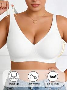 1pc Casual Minimalist Solid Color Deep V-Neck Thin Strap Backless Women Bra,Wire-Free Bra With Removable Padding, Suitable For Everyday Wear In Spring And Summer. - White - View 2
