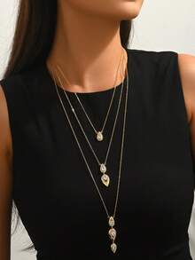 1pc Copper Inlaid Zirconia Teardrop Multi-Layer Necklace, Fashionable INS Style Daily Wear Gift For Women - Multicolor - View 7