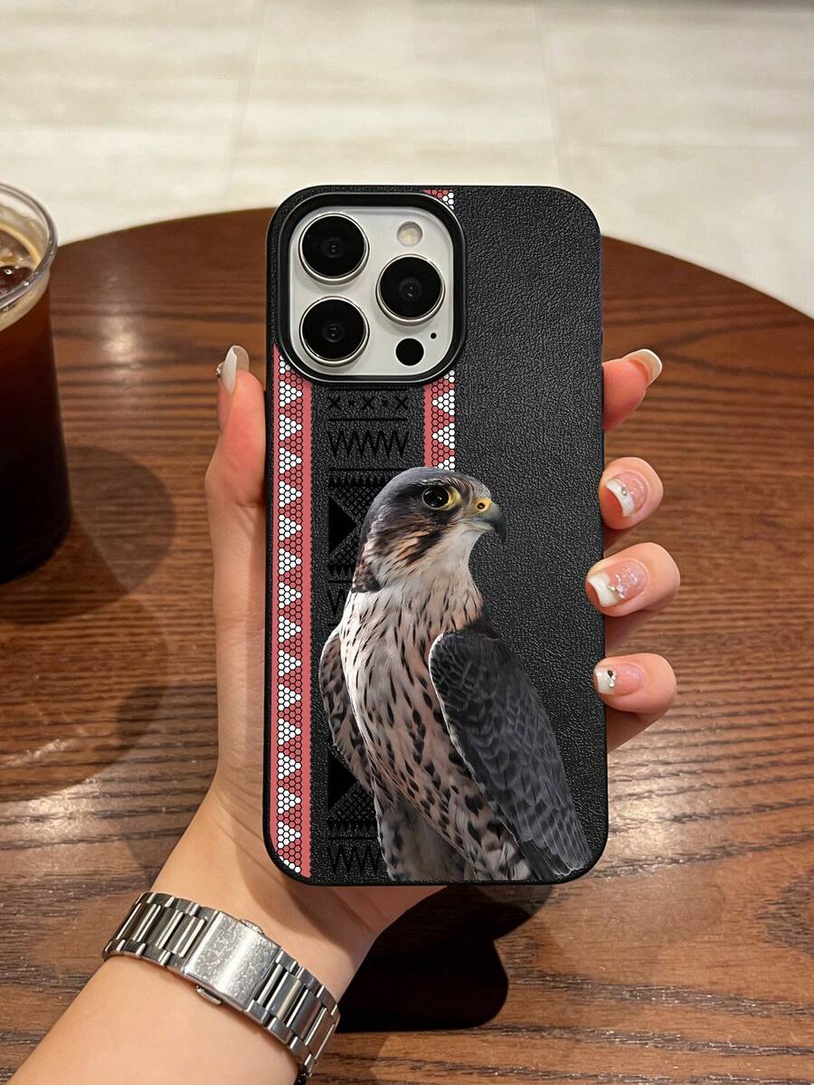 1件中東風手機殼,適用於 iPhone 17 16 15 14 13 12 11 Pro Max,酒紅色背景抽象阿拉伯書法圖案,黑白素描獵鷹鳥,磨砂黑粒紋皮革,黑色邊框防震手機殼 - 黑色 - 查看 1