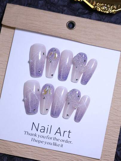 10pcs Coffin Glossy Glitter Ombre Purple Handmade Press On Nails With 3D Flower Decoration French Style False Nails Reusable Nail Sticker Fake Nail Tips Salon-Quality For Wedding & Party Nail Beauty