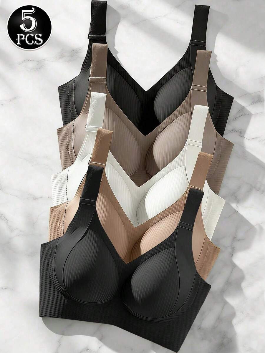 5-Piece Plus Size Bra, Seamless Breathable Wireless Sports Bra For Women - Full Coverage Design, Anti-Slip Material, With Lifting And Support Functions, Comfortable To Wear, Ribbed Details, Made Of Nylon And Elastic Fiber Blend, Hand Wash. Elegant Solid Color Design.Plus Size Lingerie - Multicolor - View 1