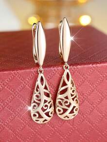 Vanel 1 paire de boucles d'oreilles pendantes élégantes en or creux en forme de goutte d'eau, boucles d'oreilles vintage de style ouvert, accessoires de mode, cadeau gracieux pour les femmes - Or jaune - Voir 5