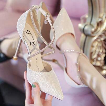 Zapatos de tacón para mujer con cordón, hebilla de strass, puntera abierta y punta afilada; zapatos de tacón alto con cordón y hebilla; sandalias de tacón fino para mujer