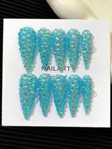 Y2K Luxury Long Pointed Nails, Handmade, Clear Nail Plates, Light Blue Rhinestones, Shiny Full Coverage 3D Design - Full Coverage DIY Shiny Artificial Nails, Elegant, Glamorous, Suitable For Party, Outdoor, Beach, Daily, Holiday, Gathering, Work And Special Occasions - 10pcs/Pack - Multicolor - View 6