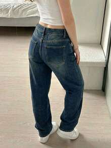 Jeans droits décontractés amples de style rétro pour femmes, idéaux pour les vacances - Bleu marine - Voir 2