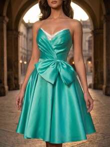 Stylish Strapless Ball Gown For Women, Sleeveless Knee-Length Flared Skirt Party Dress, Backless Wrap-Around Zipper Detail. Wedding Spring - Green - View 8