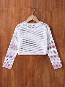Girls' Hollow Out Casual Breathable Long Sleeve Sweater, Comfortable & Versatile, Fashionable Hollow Design, Casual Outings, Beach Vacation, Party, Soft Material, Contrast Color Knit Sweater For Spring & Summer, Suitable For Daily Wear, Back To School Season, Cropped Pullover For Teens - White - View 7