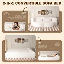 Modern Floor Sofa With 2 Pillows Convertible Teddy Fabric Foam-Filled Sleeper Sofa Bed 15" Twin Size Folding Mattress For Living Room Guest Bed Playroom No Assembly Required Beige/White - 雙人床尺寸 + 泰迪熊 + 米色/白色1 - 查看 10