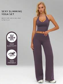 MFVIM Women's Spring/Summer Sports Suit, 2-Piece Casual Sportswear Set, Halter Neck Tank Top And Wide Leg Pants, High-Waisted Stretchy Fitness Outfit. Lightweight, Skin-Friendly, Durable, High-Waisted Wide Leg Pants + Fitted Top, Whole Set Elongates Legs. Solid Color, Suitable For Daily Casual, Outdoor, Jogging, Cycling, Yoga, Pilates, Gym Workout - Bold Plum - View 3