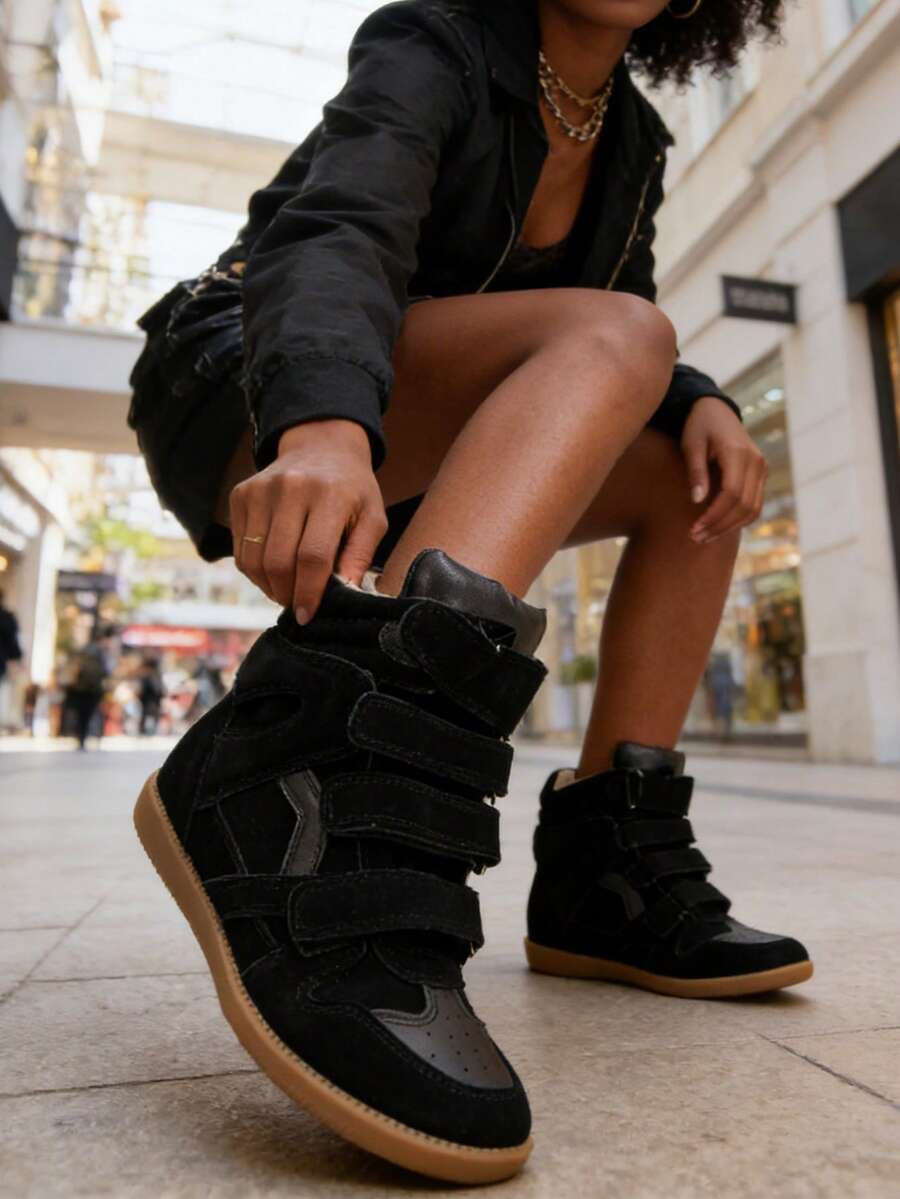女士时尚坡跟高帮运动鞋，奢华平底厚底圆头设计师踝靴