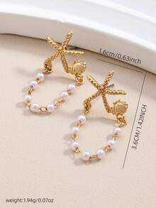 1 Pair Fashionable Starfish & Faux Pearl Earrings, Suitable For Summer Beach, Party, And Formal Occasions - Multicolor - View 3