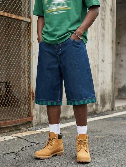 LIYS Spring/Summer Blue Striped Loose Wide-Leg Jeans, Fashionable Business Casual 7/8 Length Denim Shorts